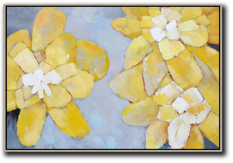 Oversized Horizontal Abstract Art,Original Art Acrylic Painting,Yellow,Grey,White